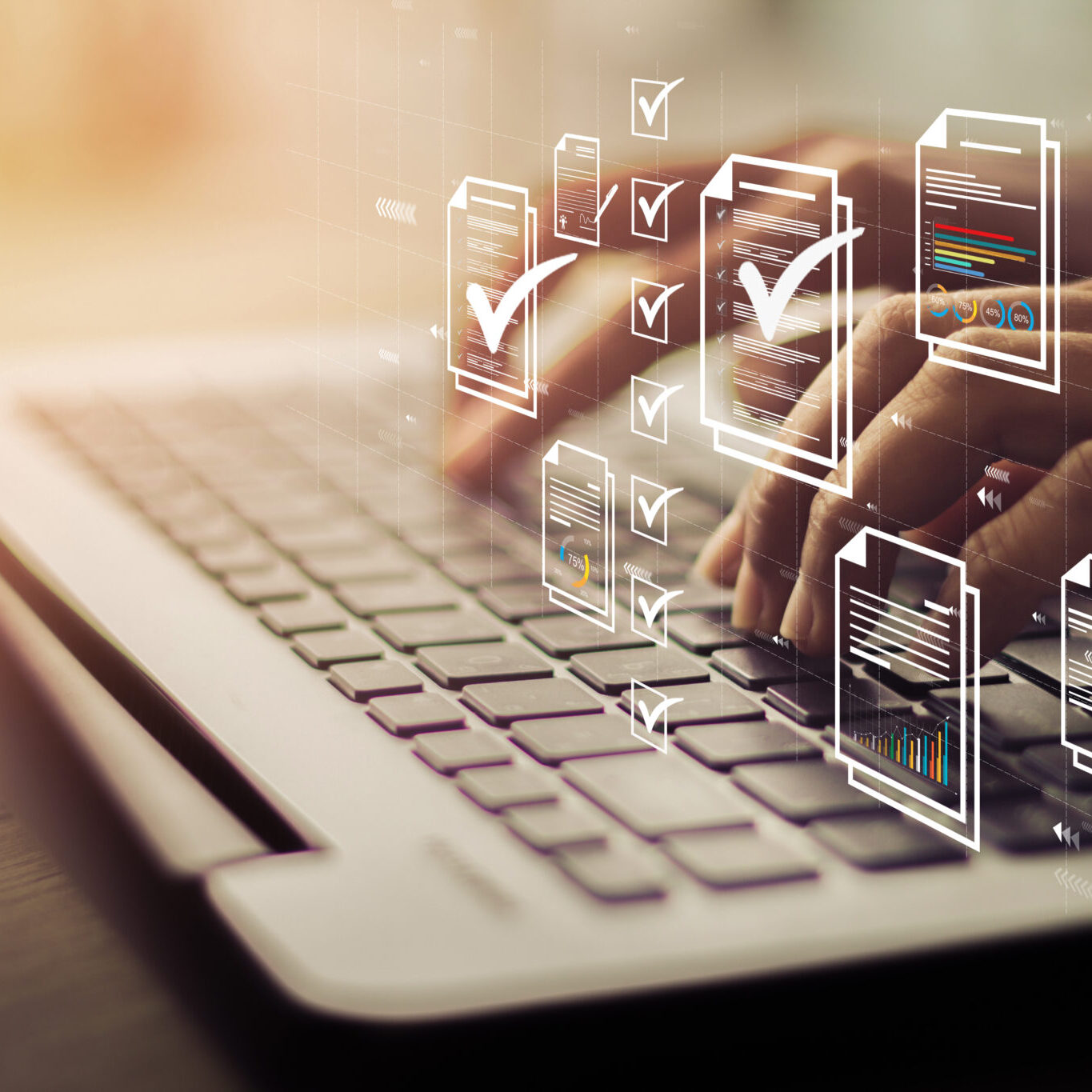 Document management concept, check electronic documents on digital documents on virtual screen Document Management System and process automation to efficiently document paperless operate